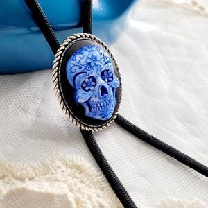 Royal Blue Sugar Skull Silver Tip Black Western Southwest Bolo Tie Necklace Pend